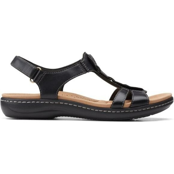 Clarks Black Leather Flat Sandals Women Adjustable Strap Comfort Summer Shoe - Picture 2 of 8